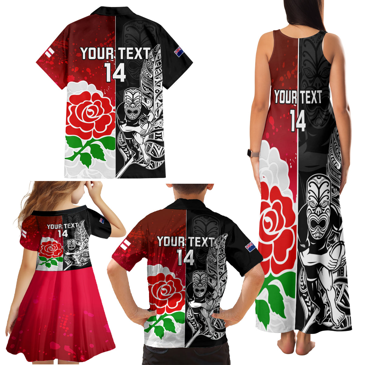 Custom New Zealand And England Rugby Family Matching Tank Maxi Dress and Hawaiian Shirt 2023 World Cup All Black Combine Red Roses - Wonder Print Shop
