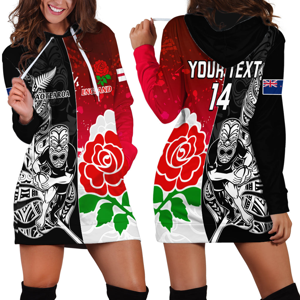 Custom New Zealand And England Rugby Hoodie Dress 2023 World Cup All Black Combine Red Roses - Wonder Print Shop