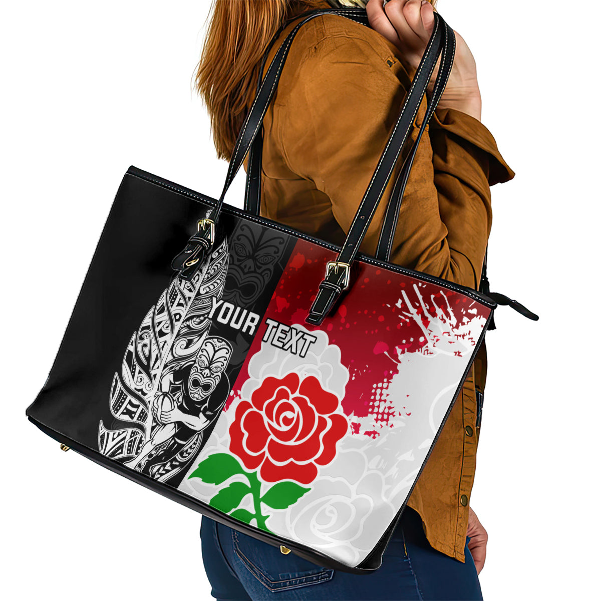 Custom New Zealand And England Rugby Leather Tote Bag 2023 World Cup All Black Combine Red Roses - Wonder Print Shop