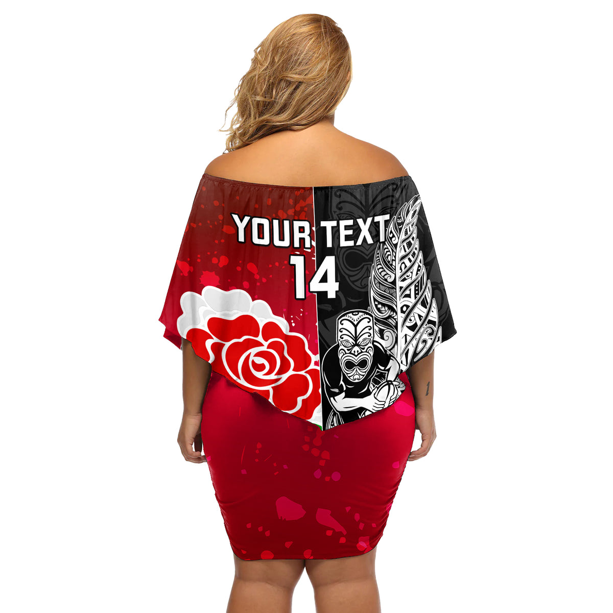Custom New Zealand And England Rugby Off Shoulder Short Dress 2023 World Cup All Black Combine Red Roses - Wonder Print Shop