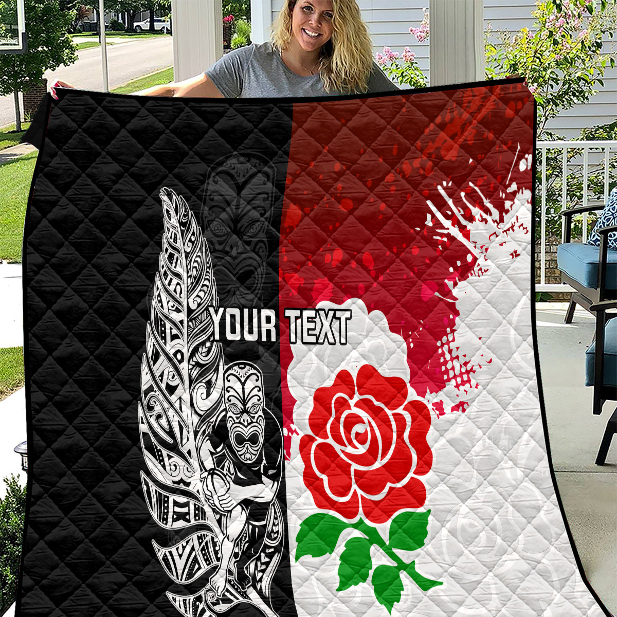 Custom New Zealand And England Rugby Quilt 2023 World Cup All Black Combine Red Roses - Wonder Print Shop