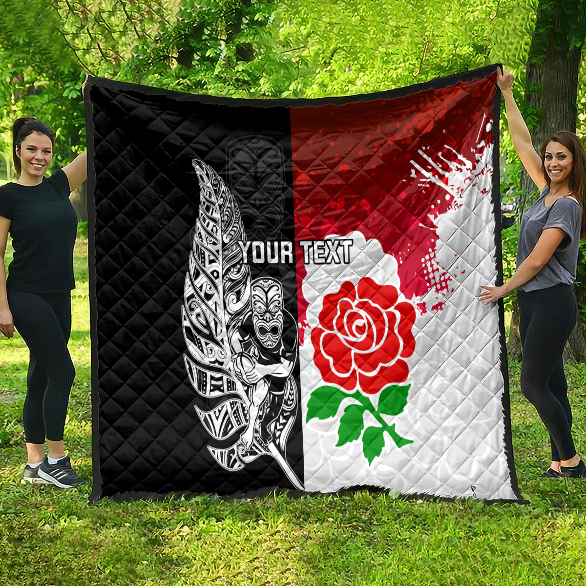 Custom New Zealand And England Rugby Quilt 2023 World Cup All Black Combine Red Roses - Wonder Print Shop