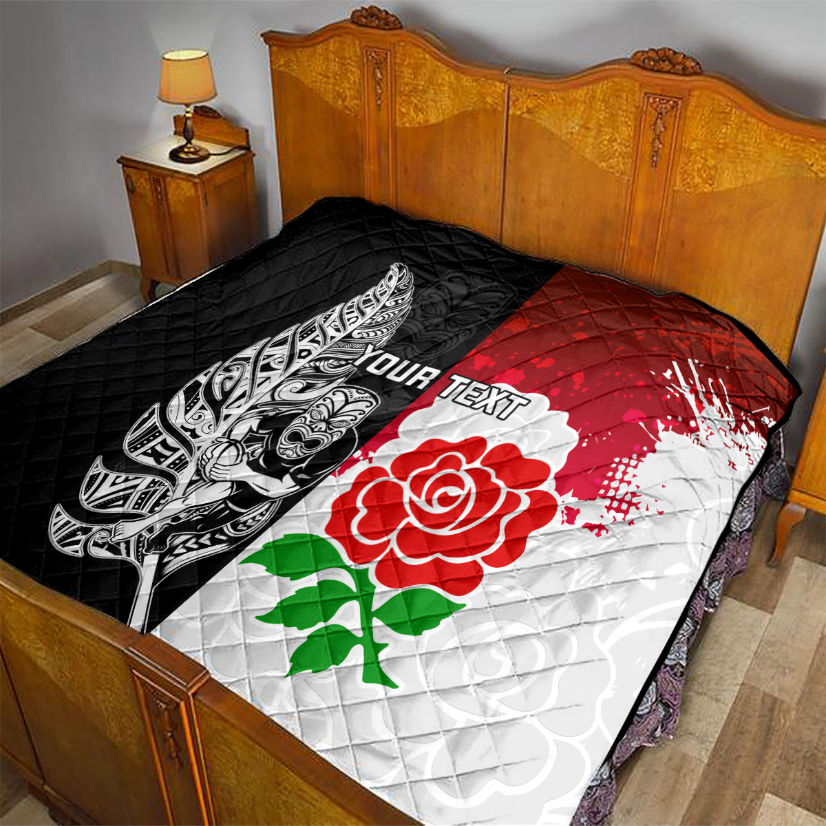 Custom New Zealand And England Rugby Quilt 2023 World Cup All Black Combine Red Roses - Wonder Print Shop
