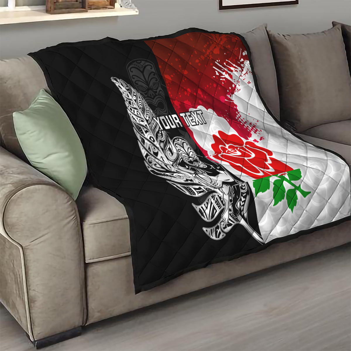 Custom New Zealand And England Rugby Quilt 2023 World Cup All Black Combine Red Roses - Wonder Print Shop