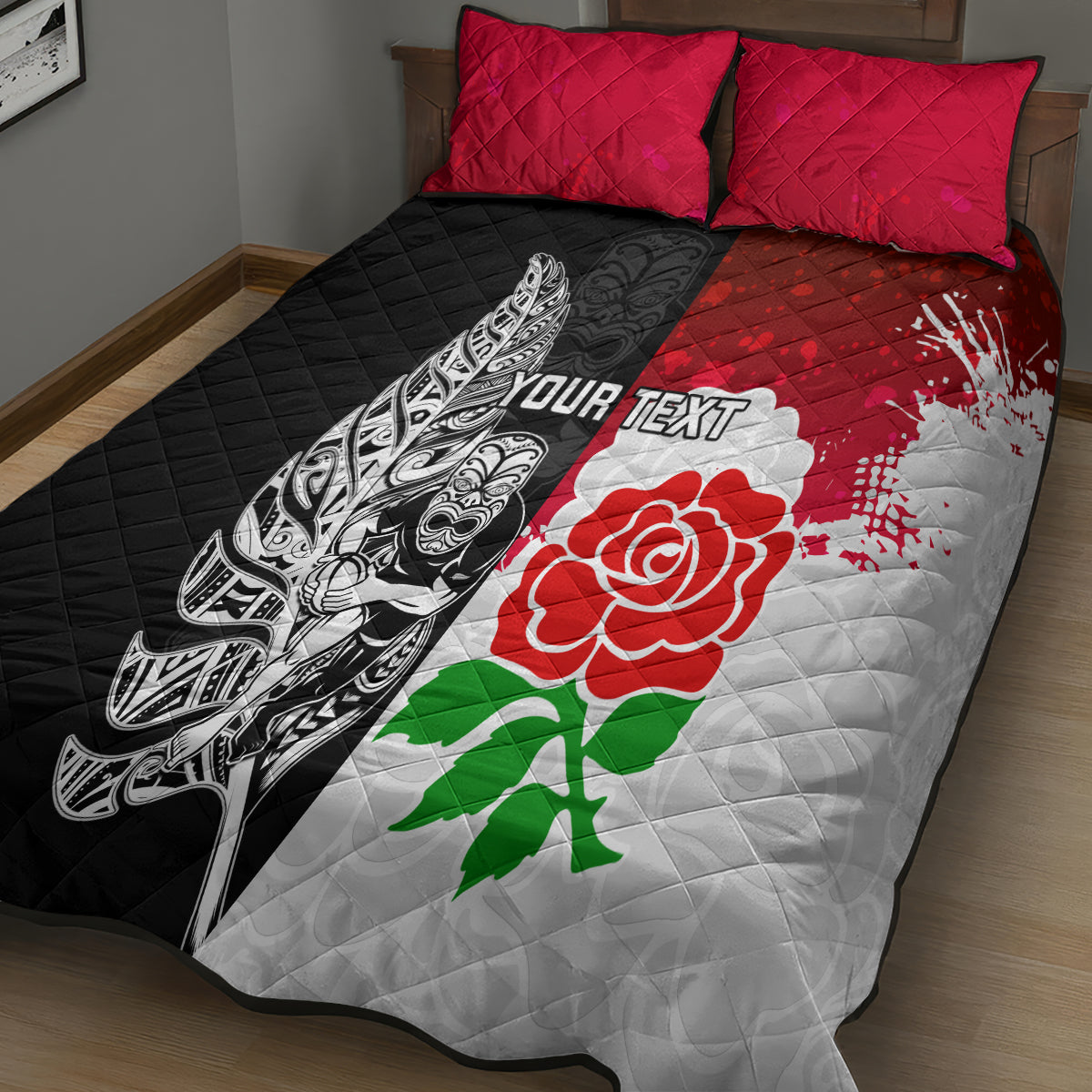 Custom New Zealand And England Rugby Quilt Bed Set 2023 World Cup All Black Combine Red Roses - Wonder Print Shop