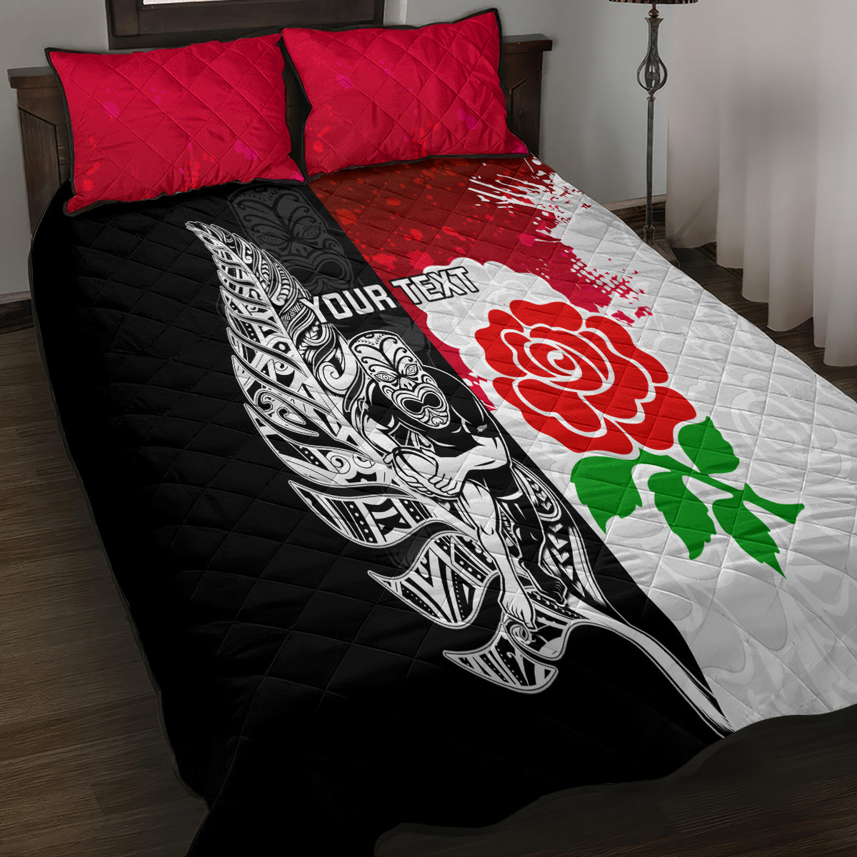 Custom New Zealand And England Rugby Quilt Bed Set 2023 World Cup All Black Combine Red Roses - Wonder Print Shop