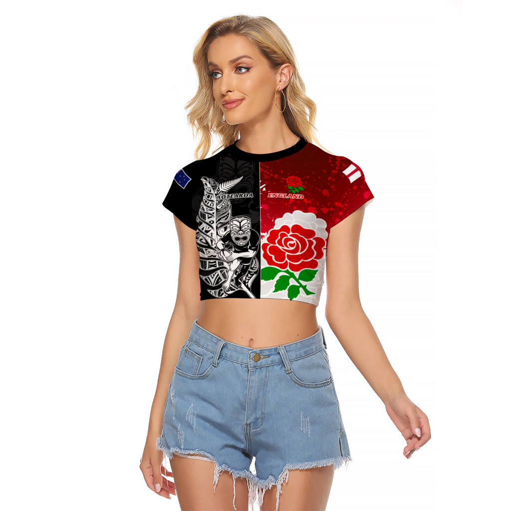 Custom New Zealand And England Rugby Raglan Cropped T Shirt 2023 World Cup All Black Combine Red Roses - Wonder Print Shop