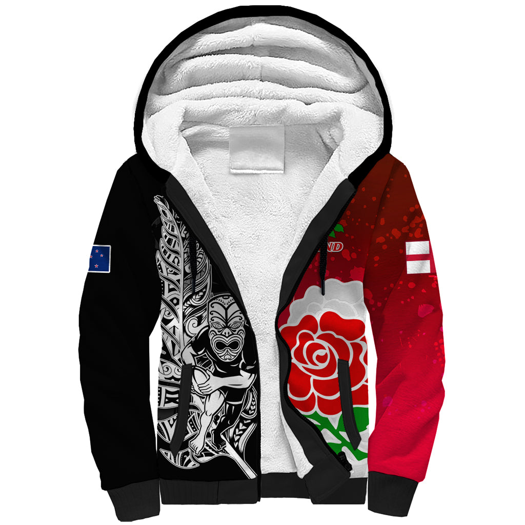 Custom New Zealand And England Rugby Sherpa Hoodie 2023 World Cup All Black Combine Red Roses - Wonder Print Shop