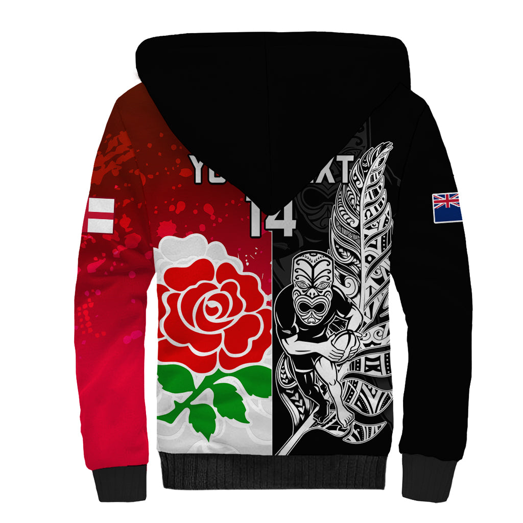 Custom New Zealand And England Rugby Sherpa Hoodie 2023 World Cup All Black Combine Red Roses - Wonder Print Shop