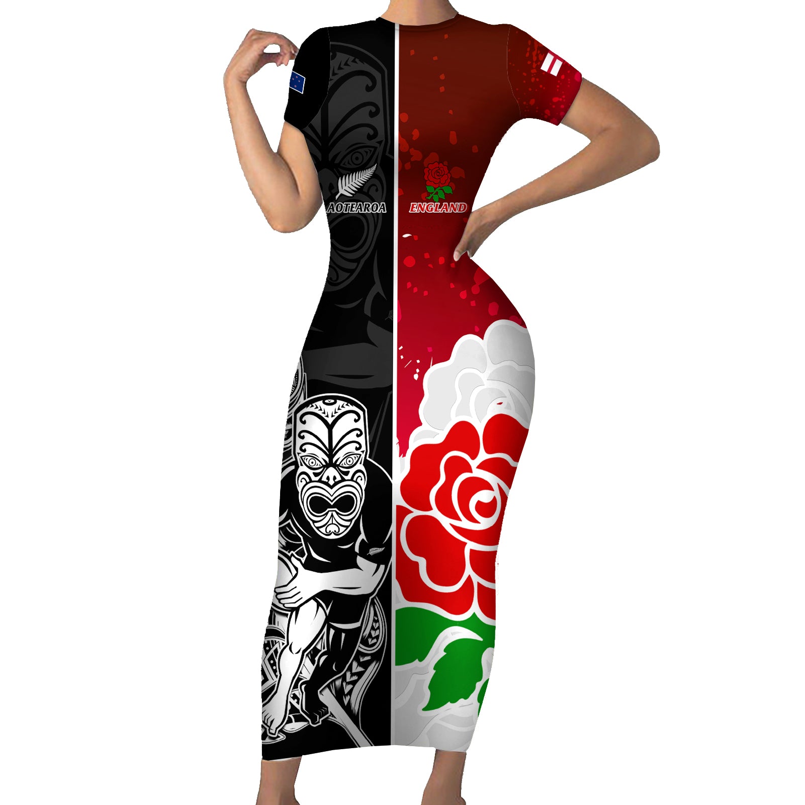 Custom New Zealand And England Rugby Short Sleeve Bodycon Dress 2023 World Cup All Black Combine Red Roses - Wonder Print Shop