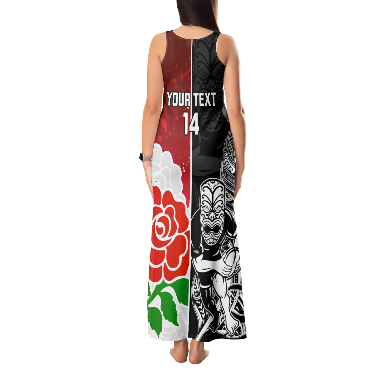 Custom New Zealand And England Rugby Tank Maxi Dress 2023 World Cup All Black Combine Red Roses - Wonder Print Shop