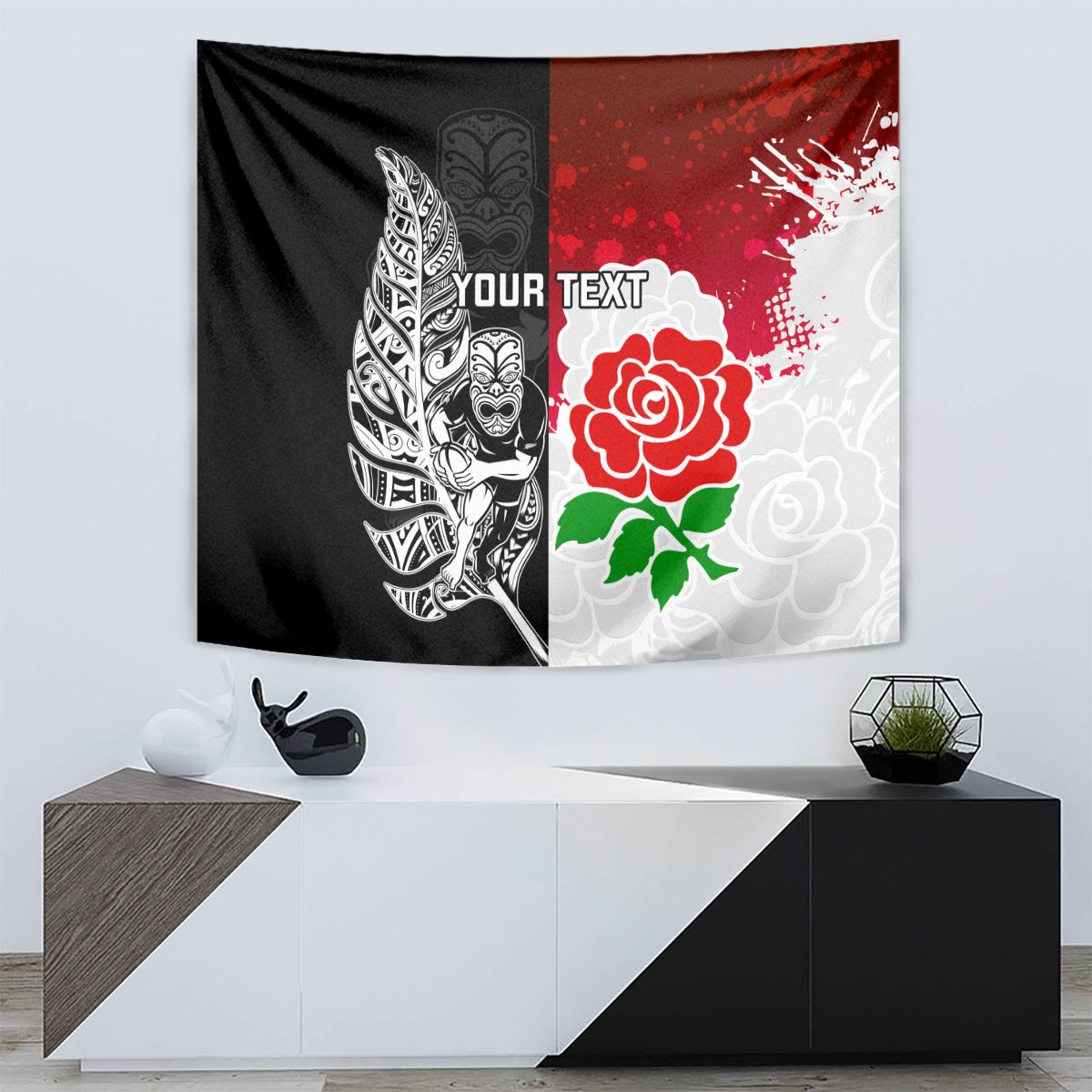 Custom New Zealand And England Rugby Tapestry 2023 World Cup All Black Combine Red Roses - Wonder Print Shop