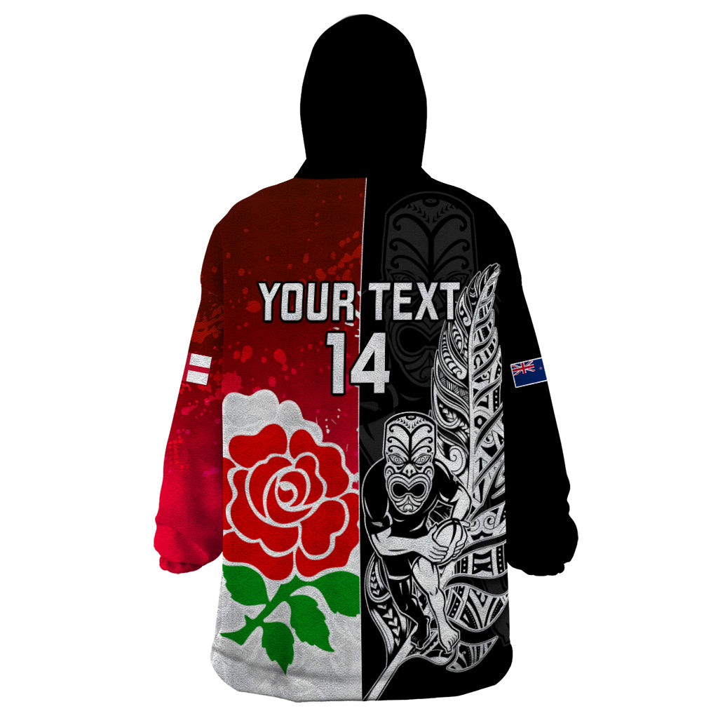 Custom New Zealand And England Rugby Wearable Blanket Hoodie 2023 World Cup All Black Combine Red Roses - Wonder Print Shop