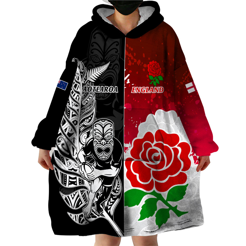 Custom New Zealand And England Rugby Wearable Blanket Hoodie 2023 World Cup All Black Combine Red Roses - Wonder Print Shop