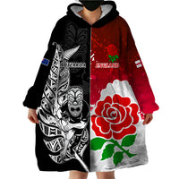 Custom New Zealand And England Rugby Wearable Blanket Hoodie 2023 World Cup All Black Combine Red Roses - Wonder Print Shop