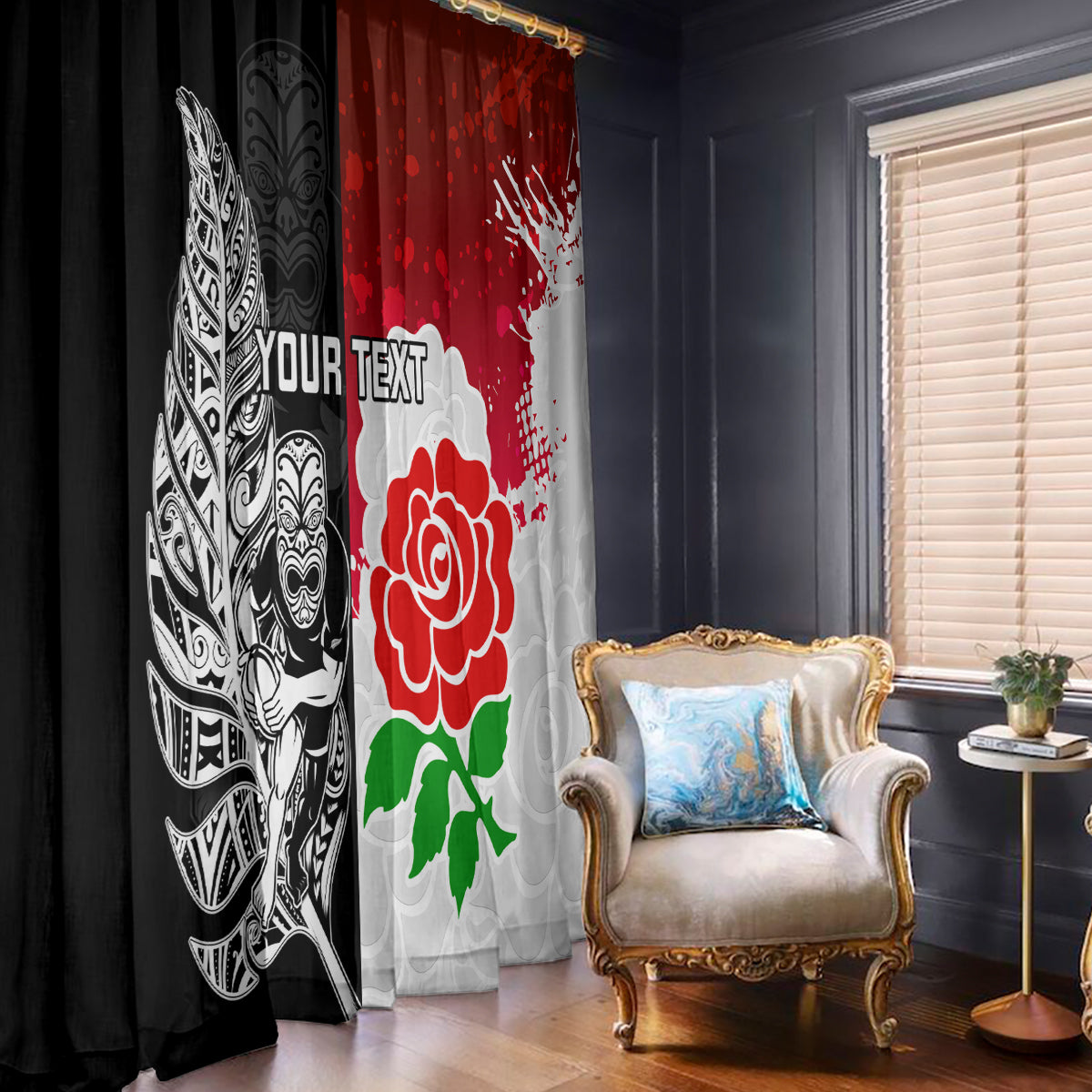 Custom New Zealand And England Rugby Window Curtain 2023 World Cup All Black Combine Red Roses - Wonder Print Shop