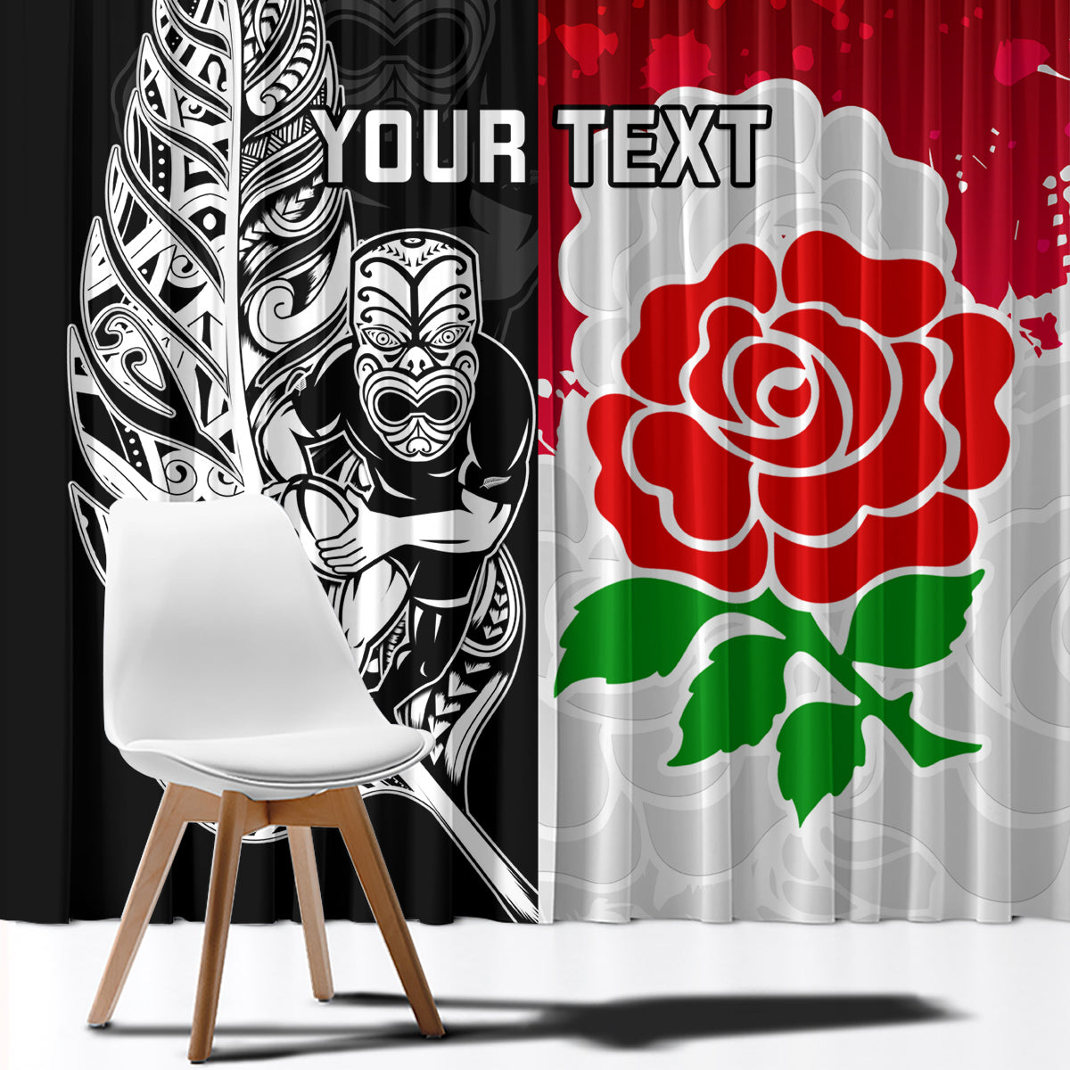 Custom New Zealand And England Rugby Window Curtain 2023 World Cup All Black Combine Red Roses - Wonder Print Shop