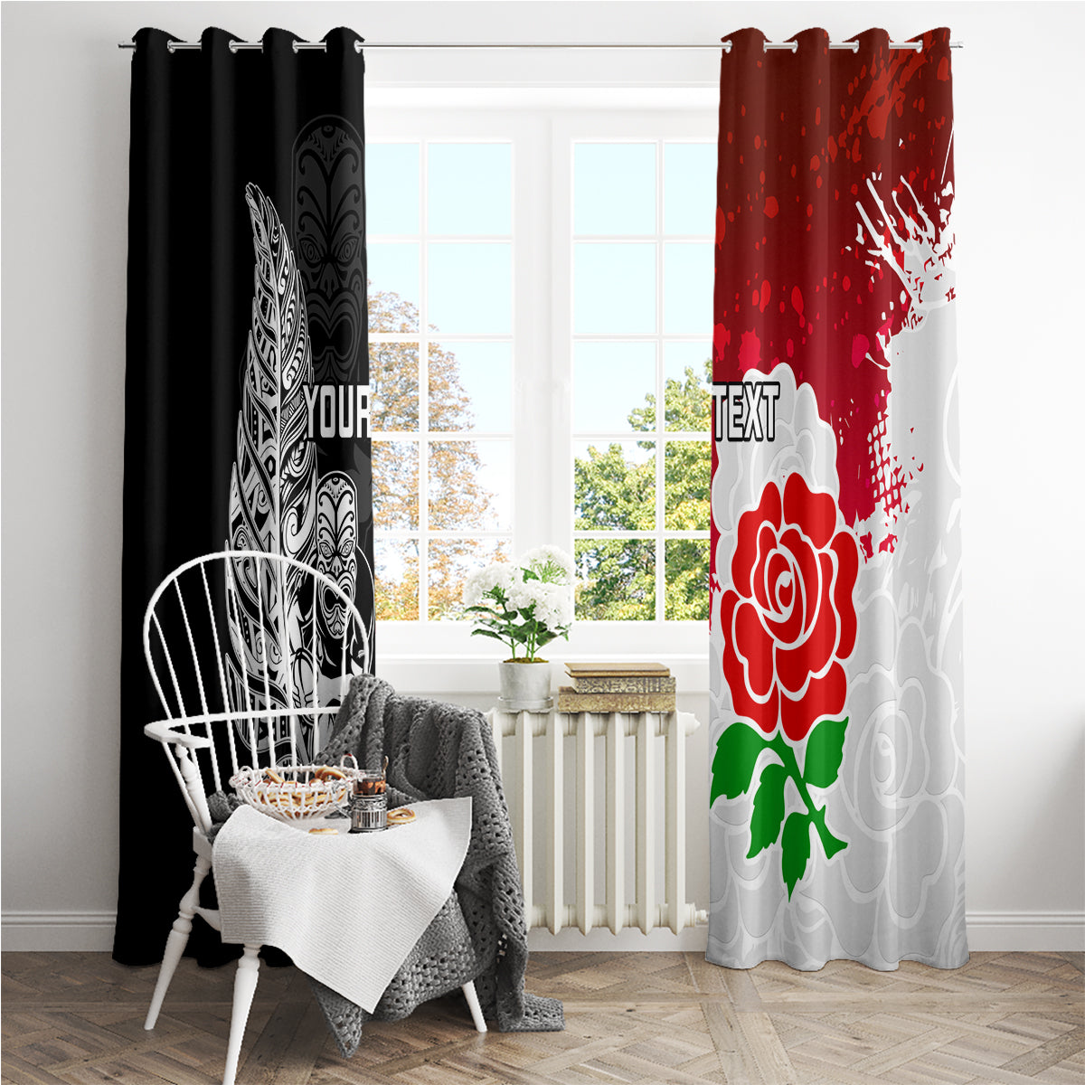 Custom New Zealand And England Rugby Window Curtain 2023 World Cup All Black Combine Red Roses - Wonder Print Shop