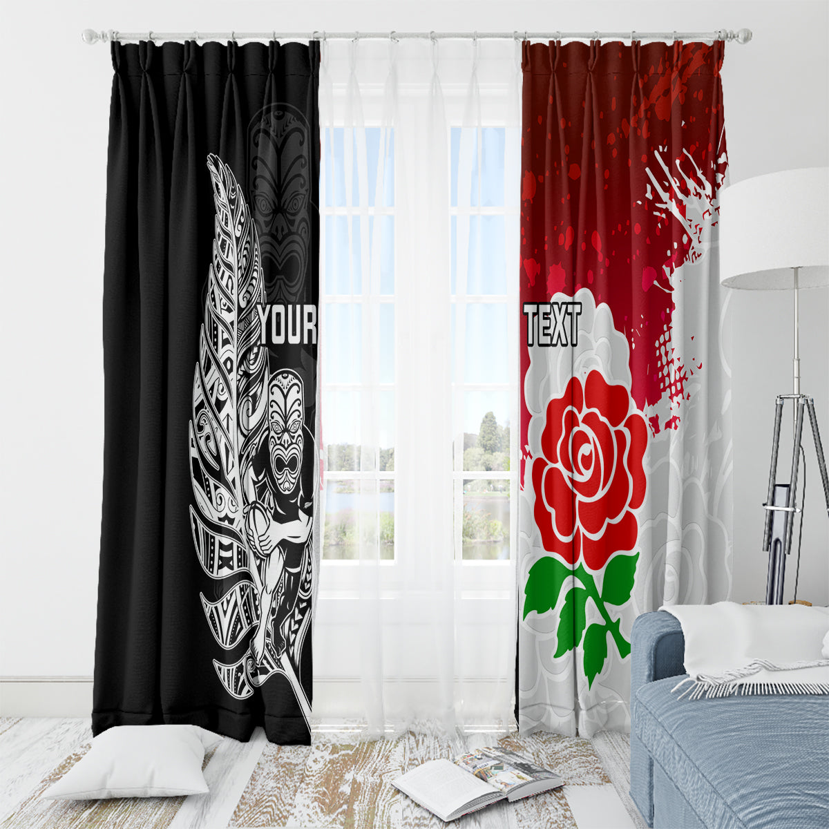 Custom New Zealand And England Rugby Window Curtain 2023 World Cup All Black Combine Red Roses - Wonder Print Shop