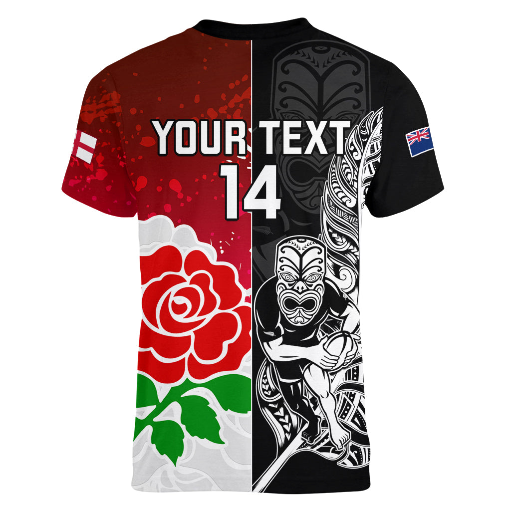 Custom New Zealand And England Rugby Women V Neck T Shirt 2023 World Cup All Black Combine Red Roses - Wonder Print Shop