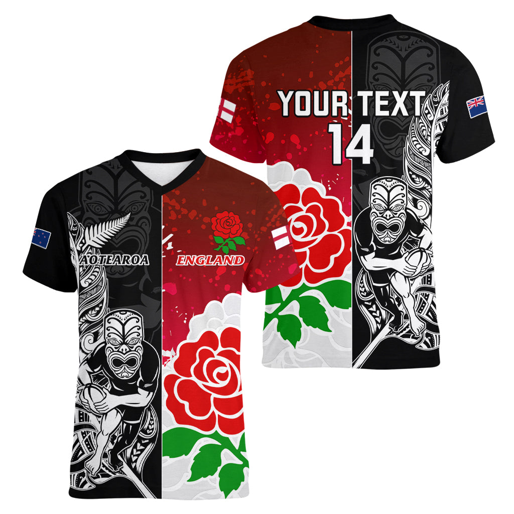 Custom New Zealand And England Rugby Women V Neck T Shirt 2023 World Cup All Black Combine Red Roses - Wonder Print Shop