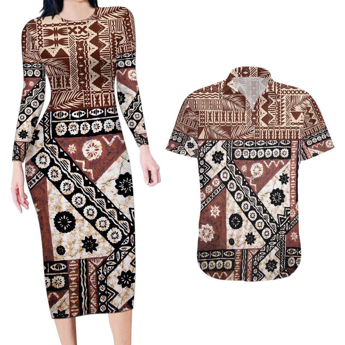 Bula Fiji Couples Matching Long Sleeve Bodycon Dress and Hawaiian Shirt Unique Masi Tapa Pattern - Wonder Print Shop