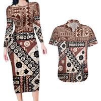 Bula Fiji Couples Matching Long Sleeve Bodycon Dress and Hawaiian Shirt Unique Masi Tapa Pattern - Wonder Print Shop