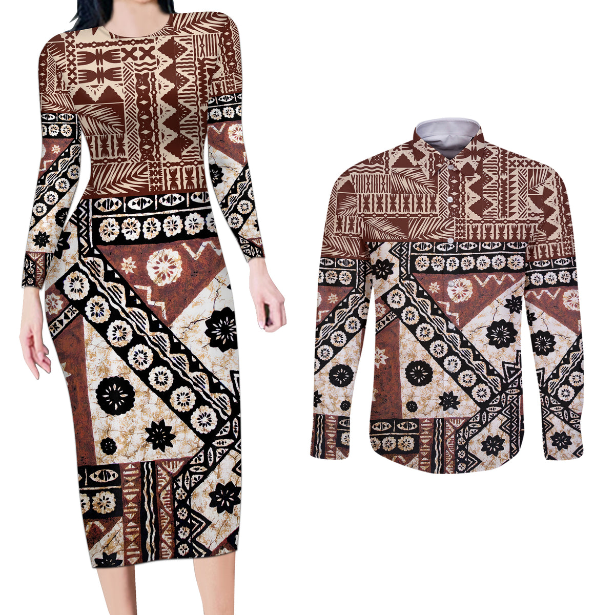 Bula Fiji Couples Matching Long Sleeve Bodycon Dress and Long Sleeve Button Shirt Unique Masi Tapa Pattern - Wonder Print Shop