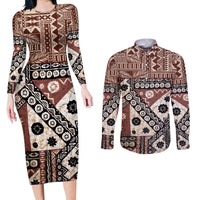 Bula Fiji Couples Matching Long Sleeve Bodycon Dress and Long Sleeve Button Shirt Unique Masi Tapa Pattern - Wonder Print Shop