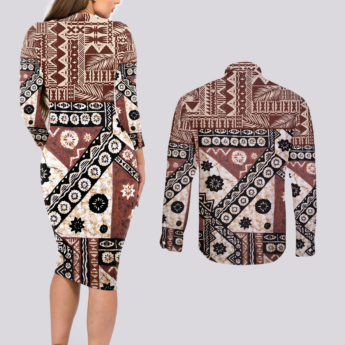 Bula Fiji Couples Matching Long Sleeve Bodycon Dress and Long Sleeve Button Shirt Unique Masi Tapa Pattern - Wonder Print Shop