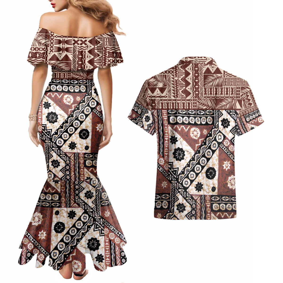 Bula Fiji Couples Matching Mermaid Dress and Hawaiian Shirt Unique Masi Tapa Pattern - Wonder Print Shop