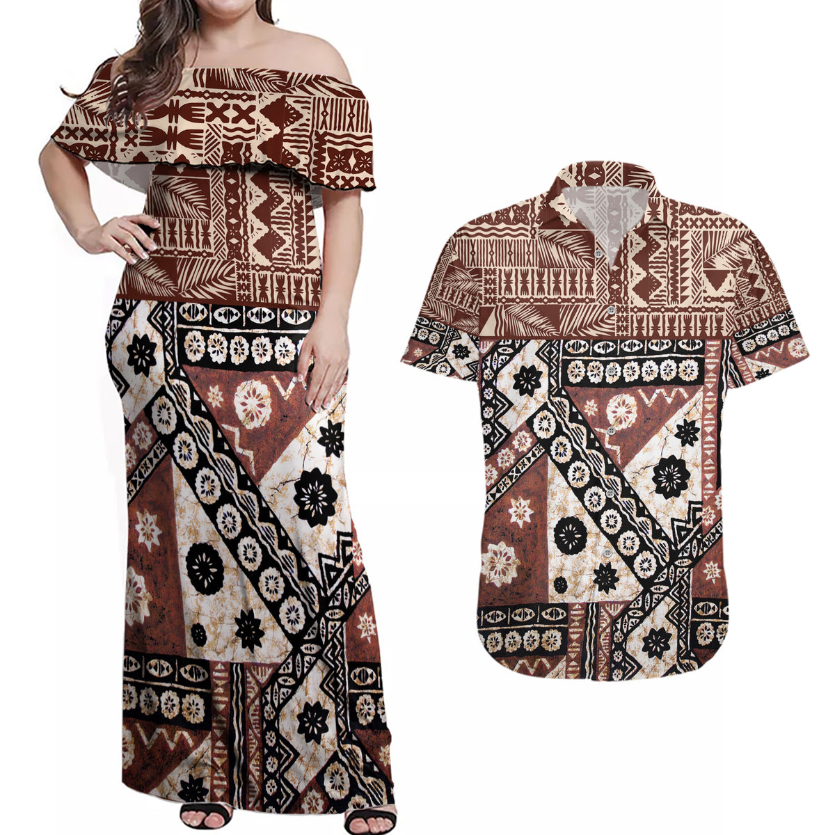 Bula Fiji Couples Matching Off Shoulder Maxi Dress and Hawaiian Shirt Unique Masi Tapa Pattern - Wonder Print Shop