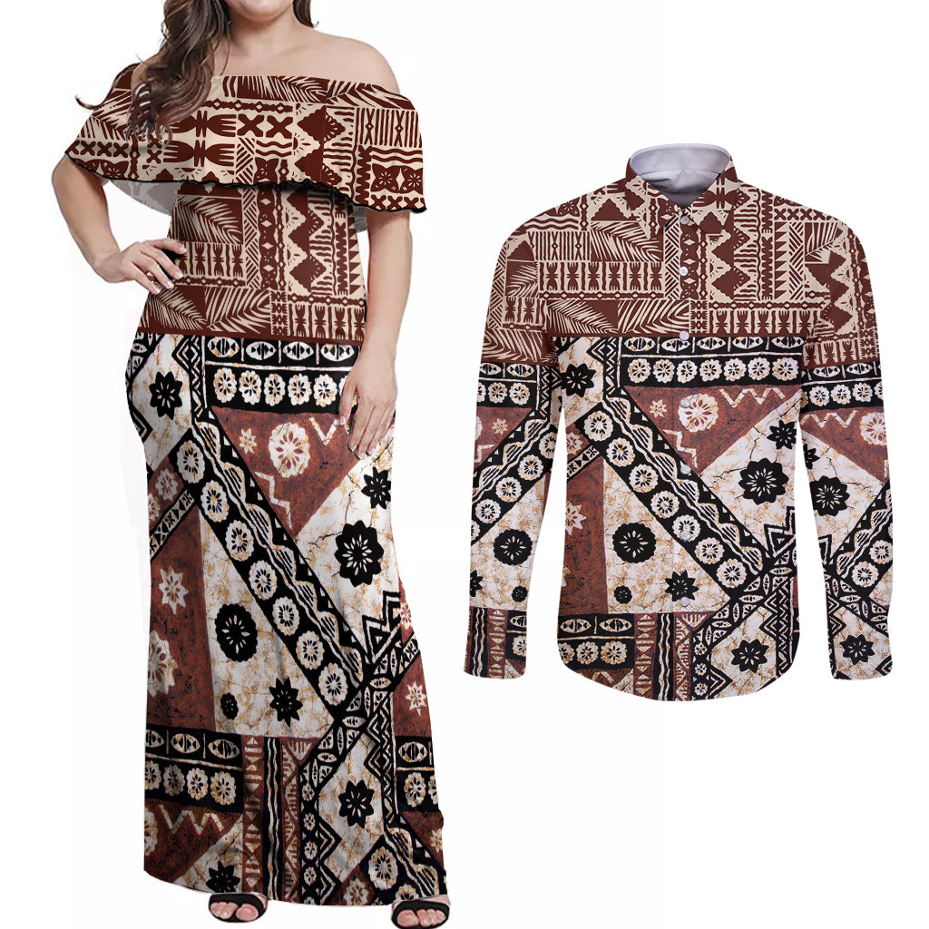Bula Fiji Couples Matching Off Shoulder Maxi Dress and Long Sleeve Button Shirt Unique Masi Tapa Pattern - Wonder Print Shop
