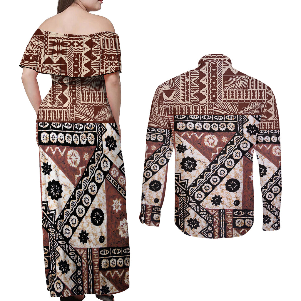Bula Fiji Couples Matching Off Shoulder Maxi Dress and Long Sleeve Button Shirt Unique Masi Tapa Pattern - Wonder Print Shop