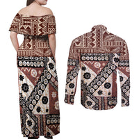 Bula Fiji Couples Matching Off Shoulder Maxi Dress and Long Sleeve Button Shirt Unique Masi Tapa Pattern - Wonder Print Shop