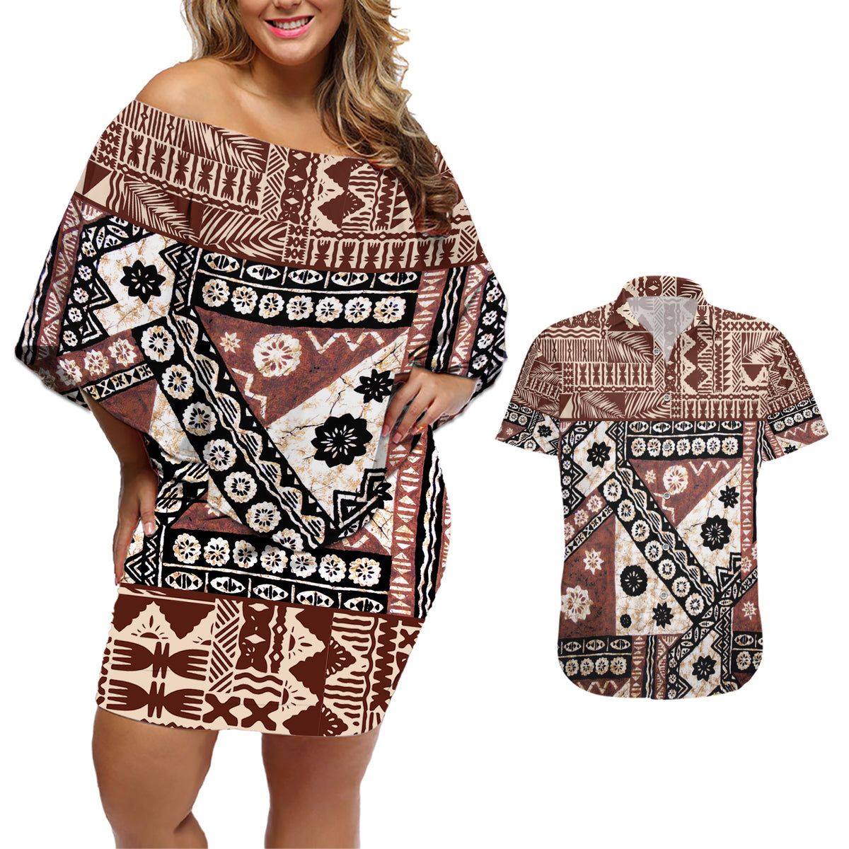 Bula Fiji Couples Matching Off Shoulder Short Dress and Hawaiian Shirt Unique Masi Tapa Pattern - Wonder Print Shop