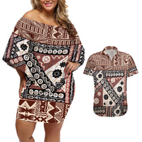 Bula Fiji Couples Matching Off Shoulder Short Dress and Hawaiian Shirt Unique Masi Tapa Pattern - Wonder Print Shop