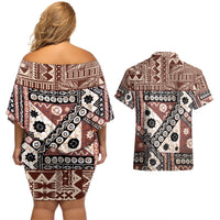 Bula Fiji Couples Matching Off Shoulder Short Dress and Hawaiian Shirt Unique Masi Tapa Pattern - Wonder Print Shop
