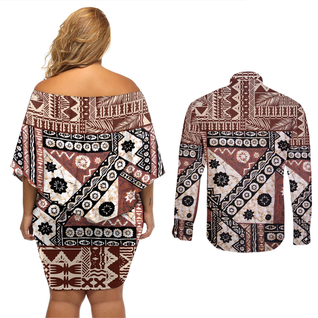 Bula Fiji Couples Matching Off Shoulder Short Dress and Long Sleeve Button Shirt Unique Masi Tapa Pattern - Wonder Print Shop