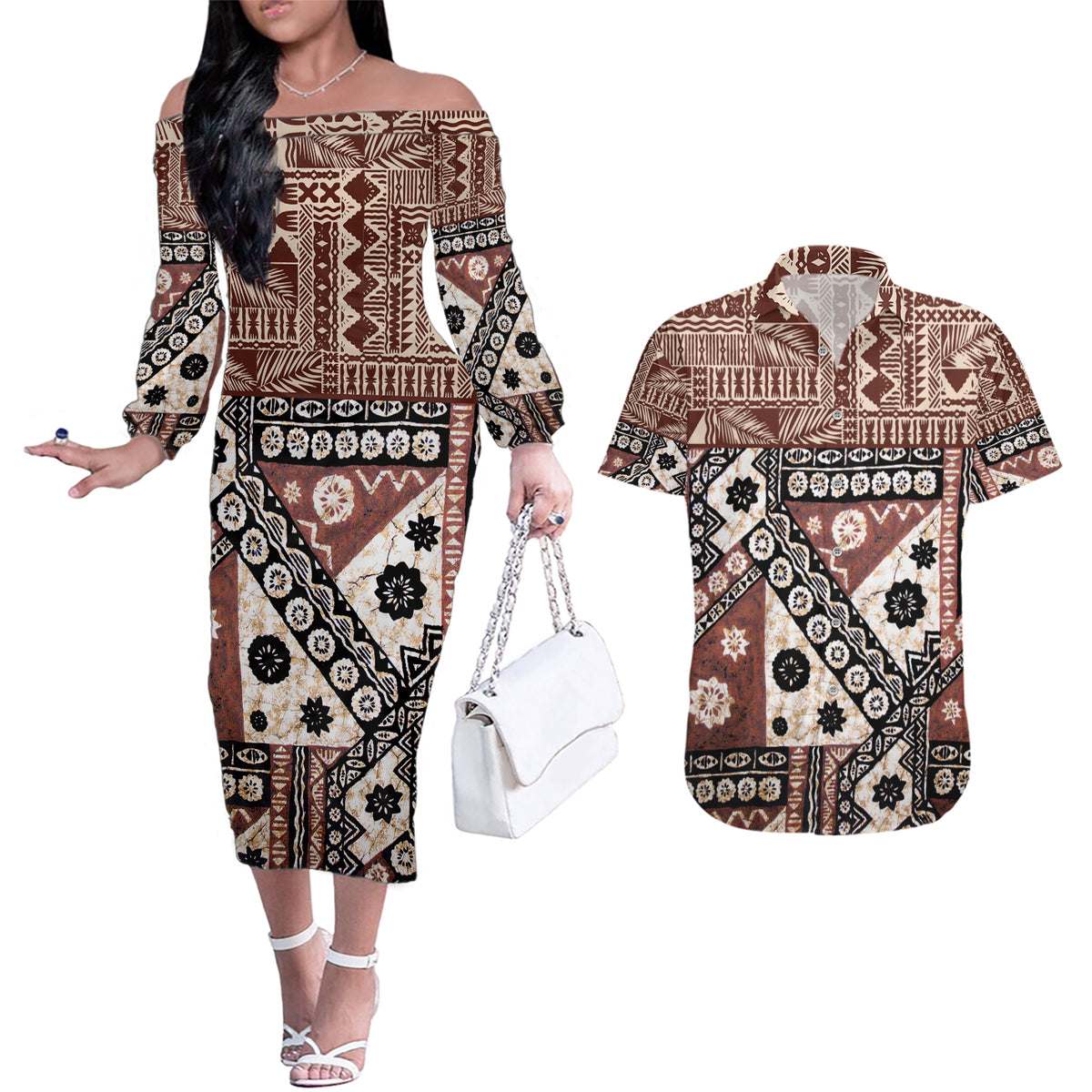 Bula Fiji Couples Matching Off The Shoulder Long Sleeve Dress and Hawaiian Shirt Unique Masi Tapa Pattern - Wonder Print Shop