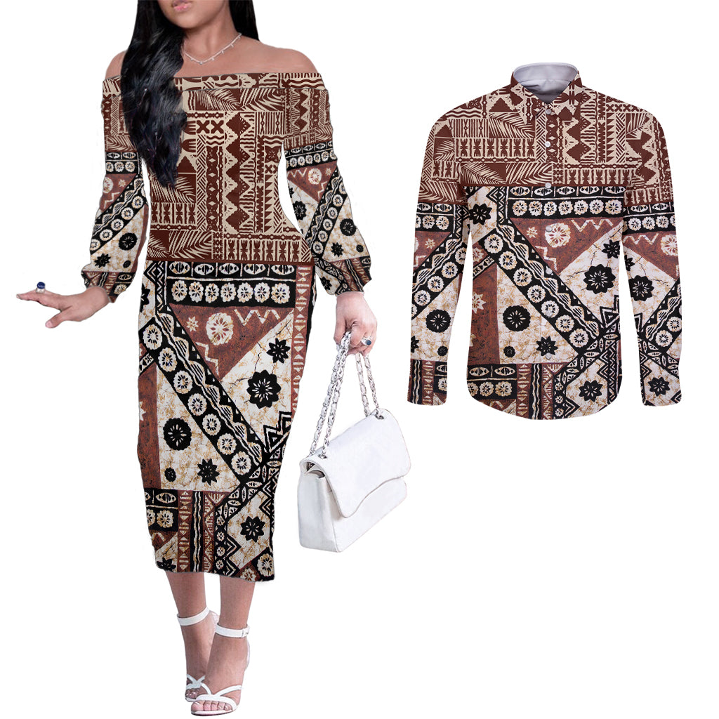 bula-fiji-couples-matching-off-the-shoulder-long-sleeve-dress-and-long-sleeve-button-shirt-unique-masi-tapa-pattern