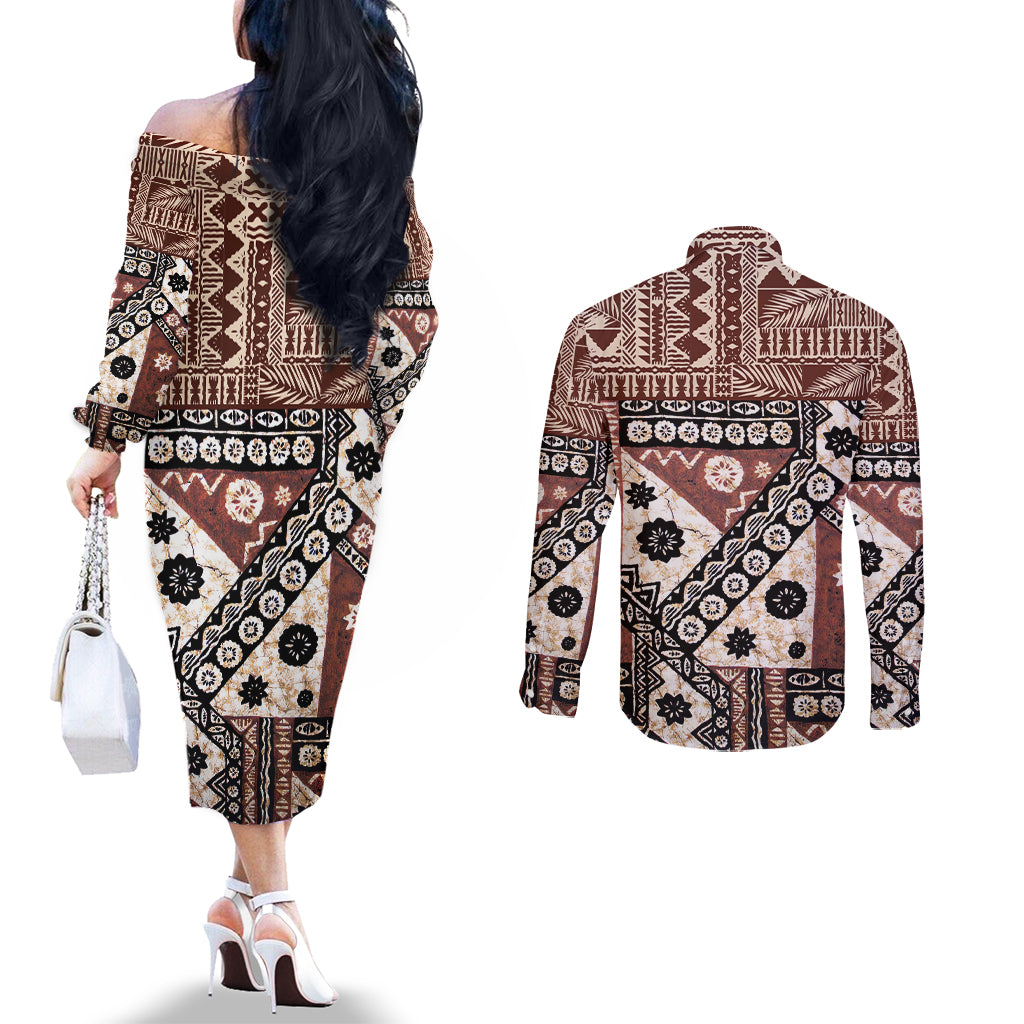 bula-fiji-couples-matching-off-the-shoulder-long-sleeve-dress-and-long-sleeve-button-shirt-unique-masi-tapa-pattern