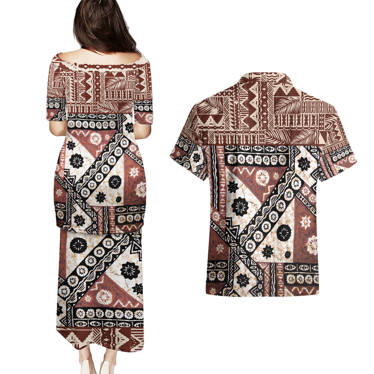 Bula Fiji Couples Matching Puletasi Dress and Hawaiian Shirt Unique Masi Tapa Pattern - Wonder Print Shop