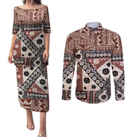 Bula Fiji Couples Matching Puletasi Dress and Long Sleeve Button Shirt Unique Masi Tapa Pattern - Wonder Print Shop