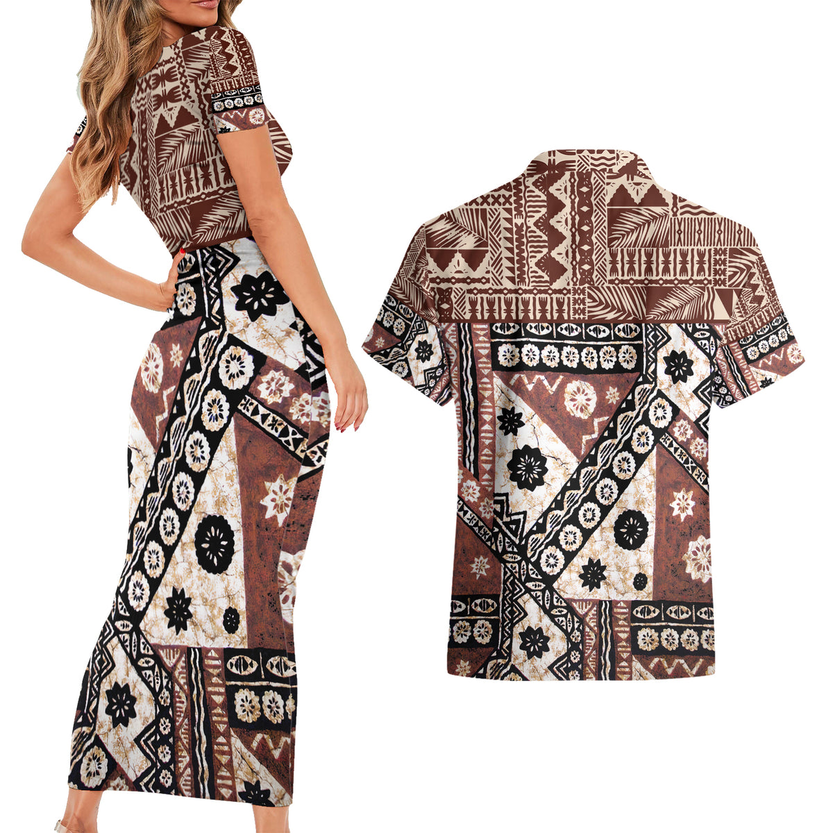 Bula Fiji Couples Matching Short Sleeve Bodycon Dress and Hawaiian Shirt Unique Masi Tapa Pattern - Wonder Print Shop