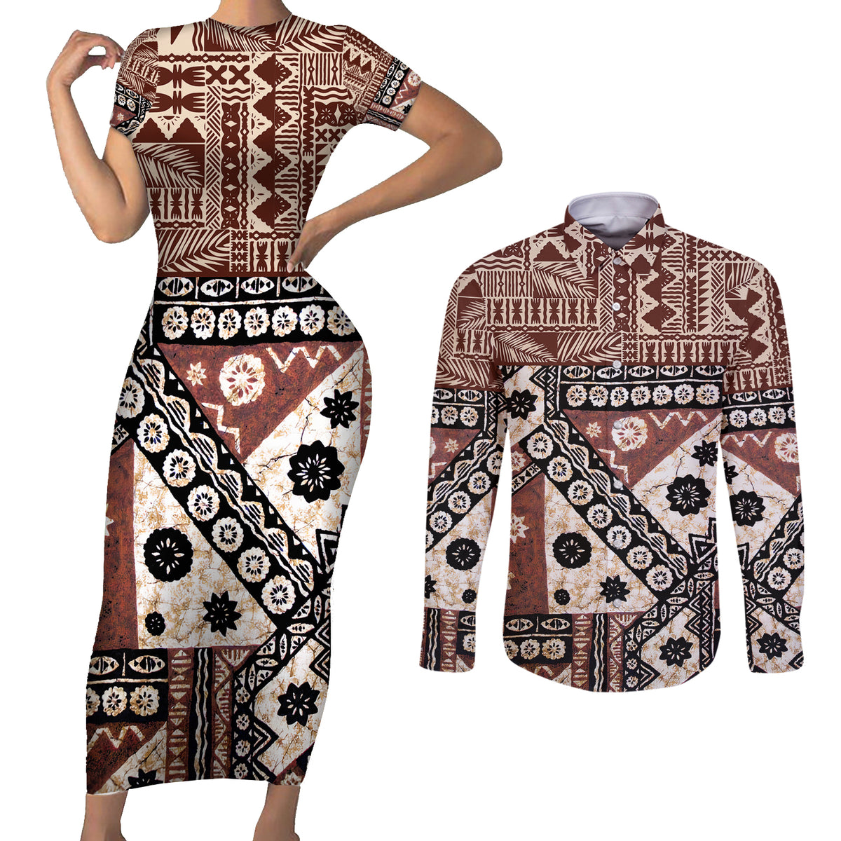 Bula Fiji Couples Matching Short Sleeve Bodycon Dress and Long Sleeve Button Shirt Unique Masi Tapa Pattern - Wonder Print Shop