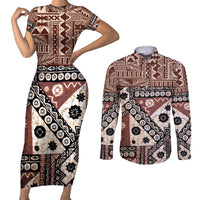 Bula Fiji Couples Matching Short Sleeve Bodycon Dress and Long Sleeve Button Shirt Unique Masi Tapa Pattern - Wonder Print Shop