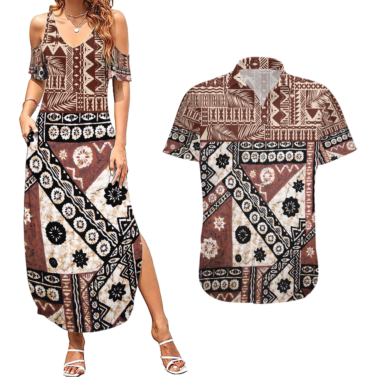 Bula Fiji Couples Matching Summer Maxi Dress and Hawaiian Shirt Unique Masi Tapa Pattern - Wonder Print Shop