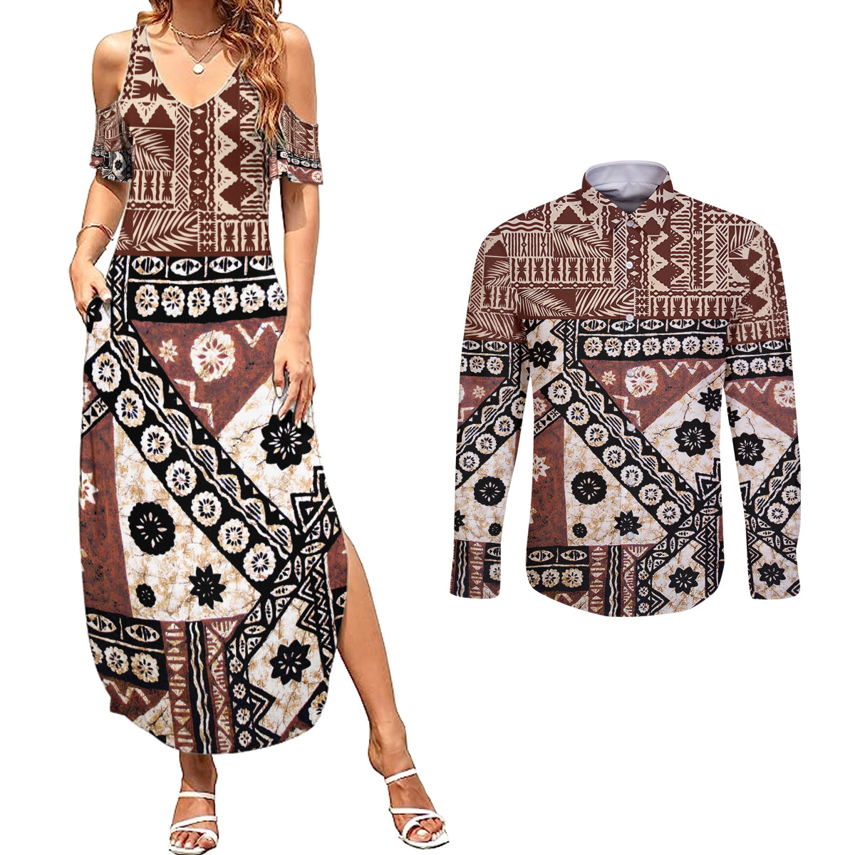 Bula Fiji Couples Matching Summer Maxi Dress and Long Sleeve Button Shirt Unique Masi Tapa Pattern - Wonder Print Shop