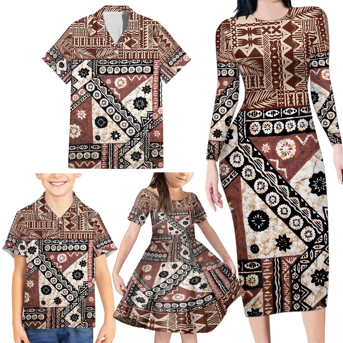 Bula Fiji Family Matching Long Sleeve Bodycon Dress and Hawaiian Shirt Unique Masi Tapa Pattern - Wonder Print Shop